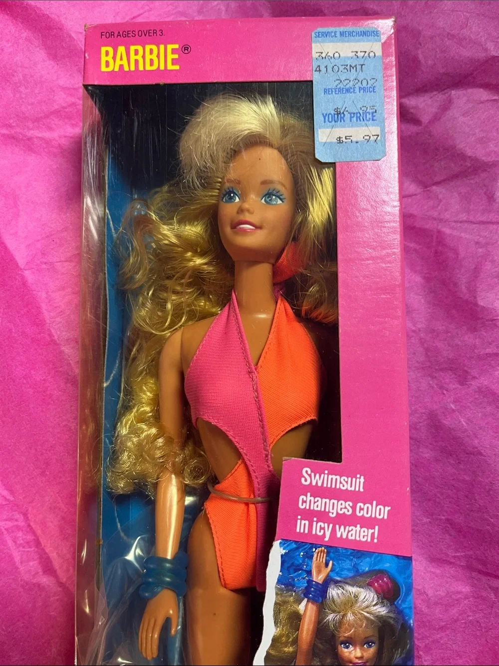 vintage 1989 Mattel Wet 'n Wild Barbie doll Pink & Orange Swimsuit NRFB